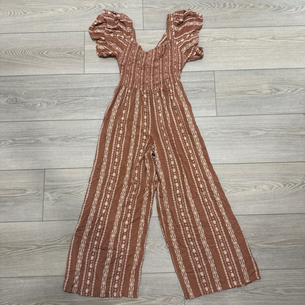 Angie Womens Medium Rust Boho Print Wide Leg Jumpsuit 100% Rayon Flutter Sleeve - Picture 7 of 7